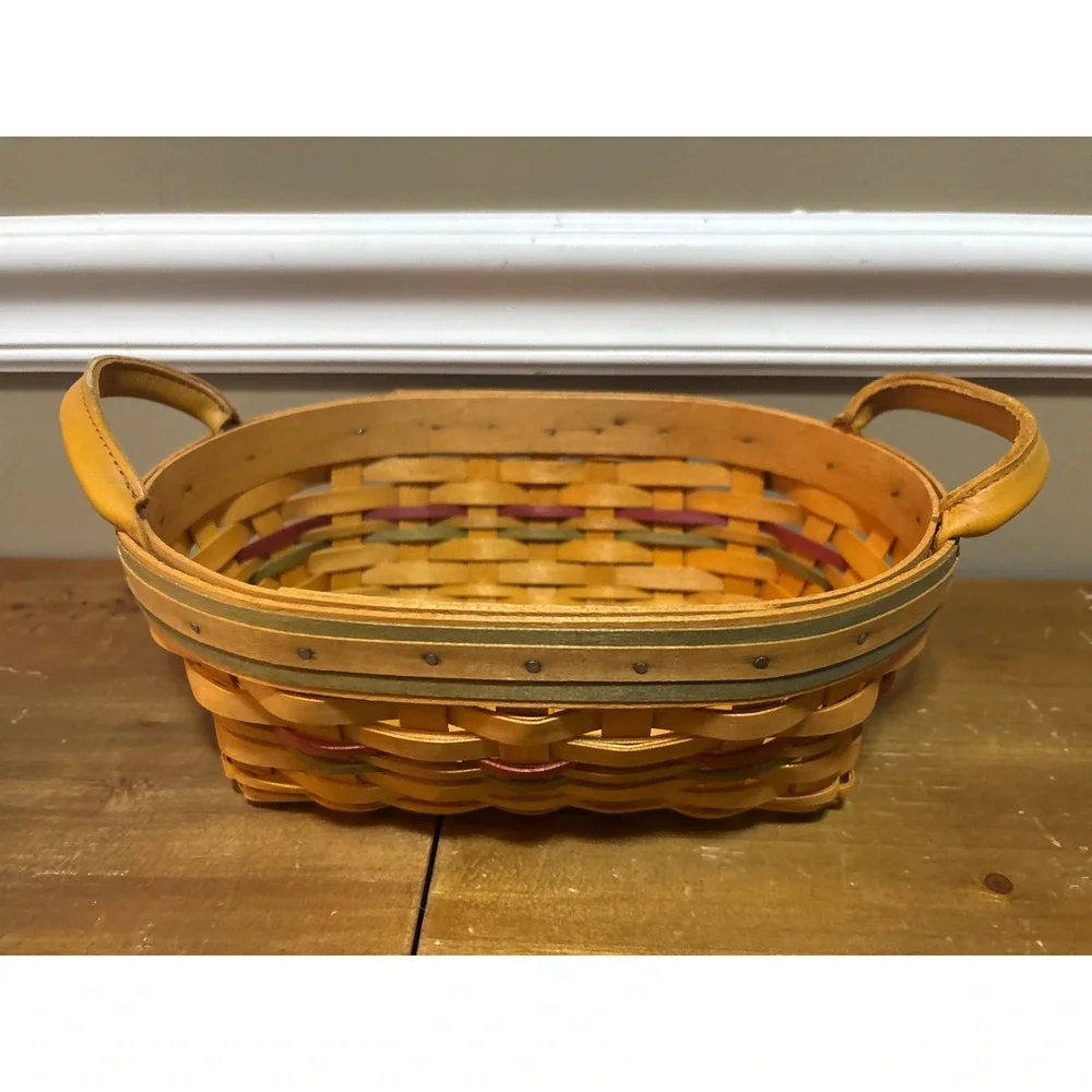 Longaberger 2001 Handwoven Oval Basket with Leather Handles and Fruit Liner